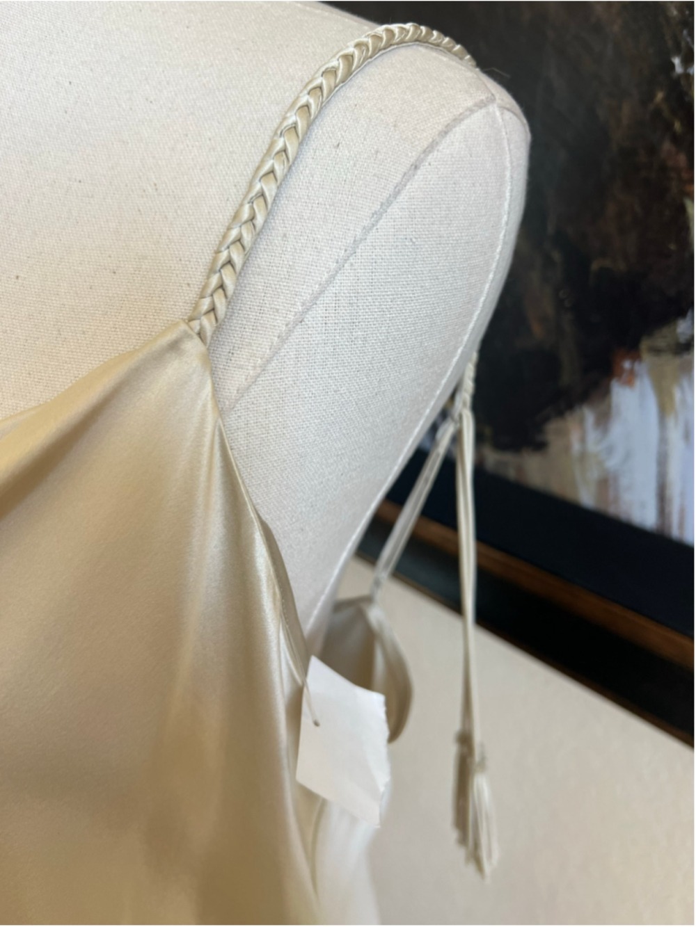 Cinq a Sept Cream Gold Satin Cowl Neck Camisole Top L Braided Tassels Quiet Lux - Picture 5 of 12